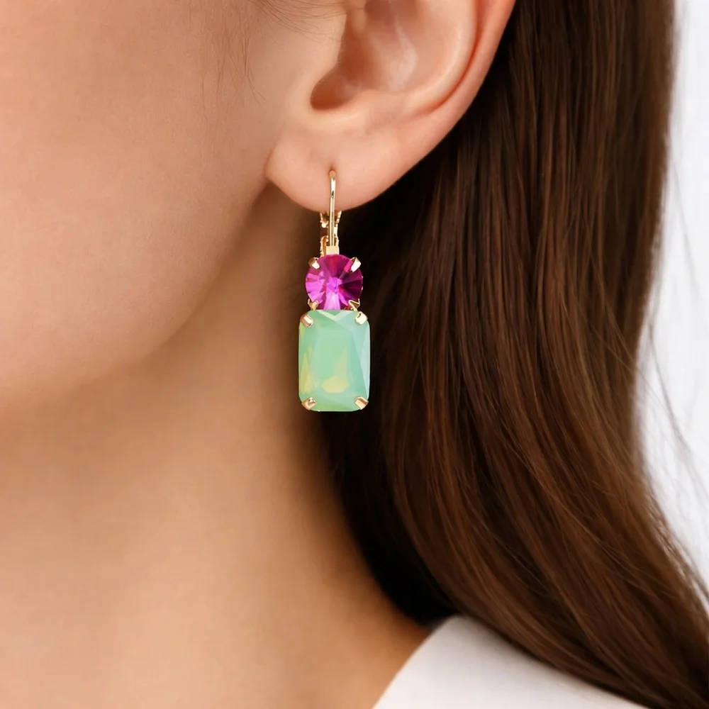 Pink & Green Crystal Drop Earrings
